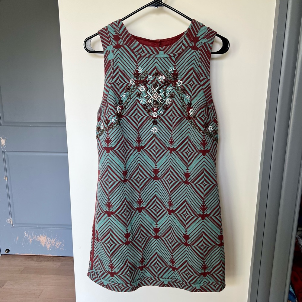 Free People Geometric Teal and Burgundy Embellished Shift Dress